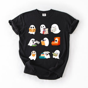 Reading Ghosts Halloween Library Books Scene Artwork Print Collection Comfort Colors Tee — view 3