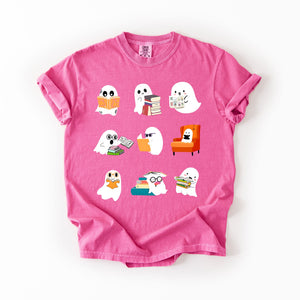 Reading Ghosts Halloween Library Books Scene Artwork Print Collection Comfort Colors Tee — view 4