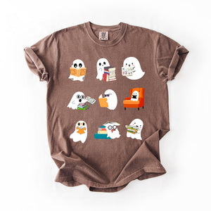 Reading Ghosts Halloween Library Books Scene Artwork Print Collection Comfort Colors Tee — view 5