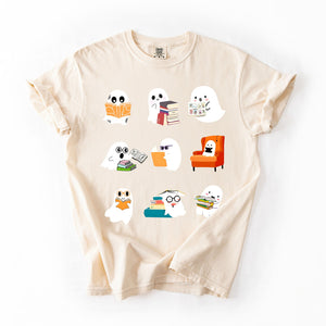 Reading Ghosts Halloween Library Books Scene Artwork Print Collection Comfort Colors Tee — view 6