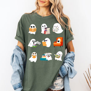 Reading Ghosts Halloween Library Books Scene Artwork Print Collection Comfort Colors Tee — view 2