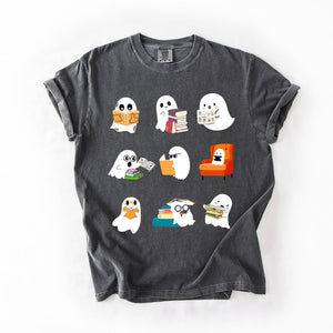 Reading Ghosts Halloween Library Books Scene Artwork Print Collection Comfort Colors Tee — view 1