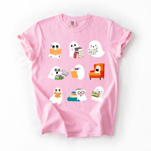 Reading Ghosts Halloween Library Books Scene Artwork Print Collection Comfort Colors Tee — view 7