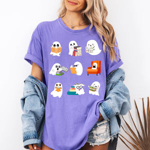 Reading Ghosts Halloween Library Books Scene Artwork Print Collection Comfort Colors Tee — view 8
