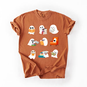 Reading Ghosts Halloween Library Books Scene Artwork Print Collection Comfort Colors Tee — view 9