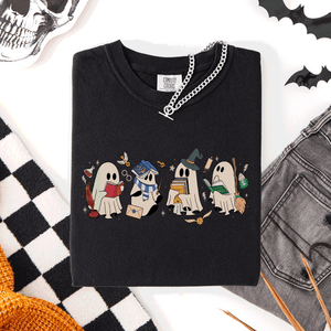 Reading Ghosts, Witches, Wizards Halloween Night Book Lovers Illustration Comfort Colors Tee — view 6