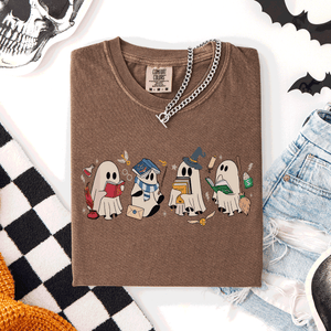 Reading Ghosts, Witches, Wizards Halloween Night Book Lovers Illustration Comfort Colors Tee — view 2