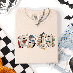 Reading Ghosts, Witches, Wizards Halloween Night Book Lovers Illustration Comfort Colors Tee — view 7