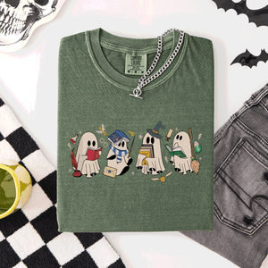 Reading Ghosts, Witches, Wizards Halloween Night Book Lovers Illustration Comfort Colors Tee — view 3