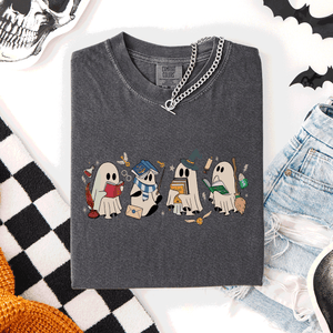 Reading Ghosts, Witches, Wizards Halloween Night Book Lovers Illustration Comfort Colors Tee — view 1