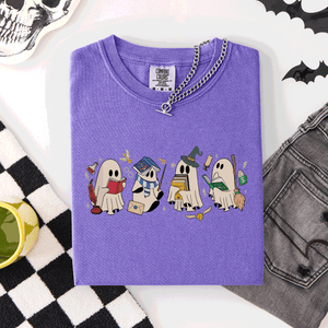 Reading Ghosts, Witches, Wizards Halloween Night Book Lovers Illustration Comfort Colors Tee — view 9