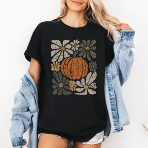 Retro Autumn Pumpkin and Flowers Fall Halloween Edition Vintage Inspired Floral Print Graphic Tee — view 1