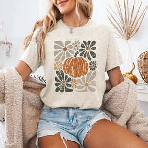 Retro Autumn Pumpkin and Flowers Fall Halloween Edition Vintage Inspired Floral Print Graphic Tee — view 2