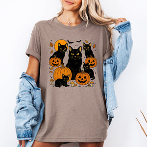 Retro Black Cats And Pumpkins Halloween Spooky Night Vintage Illustration Edition Graphic Tee — view 3