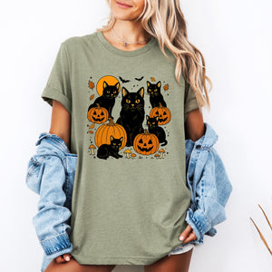 Retro Black Cats And Pumpkins Halloween Spooky Night Vintage Illustration Edition Graphic Tee — view 2