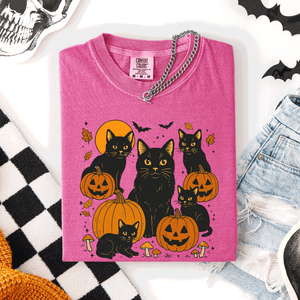 Retro Black Cats And Pumpkins Halloween Spooky Night Scene Edition Comfort Colors Tee — view 6