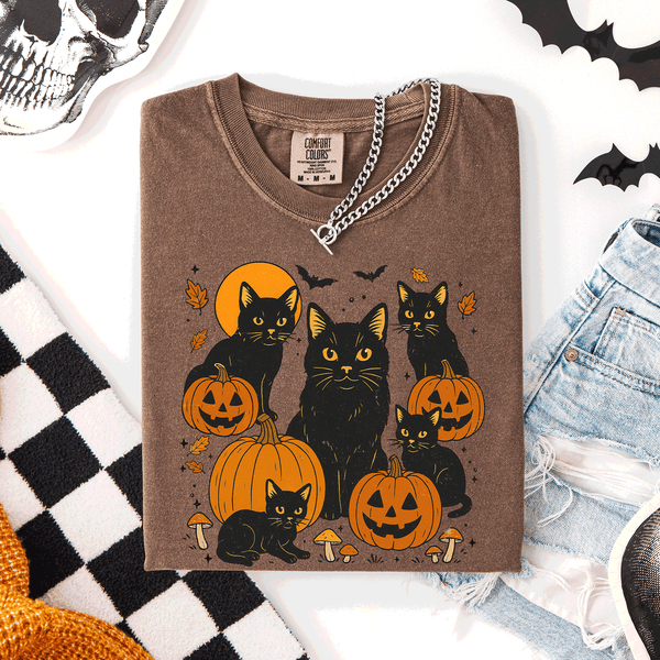 Retro Black Cats And Pumpkins Halloween Spooky Night Scene Edition Comfort Colors Tee