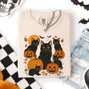 Retro Black Cats And Pumpkins Halloween Spooky Night Scene Edition Comfort Colors Tee — view 5