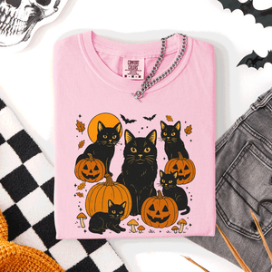 Retro Black Cats And Pumpkins Halloween Spooky Night Scene Edition Comfort Colors Tee — view 7