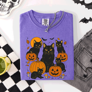 Retro Black Cats And Pumpkins Halloween Spooky Night Scene Edition Comfort Colors Tee — view 8