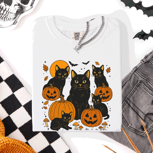 Retro Black Cats And Pumpkins Halloween Spooky Night Scene Edition Comfort Colors Tee — view 9
