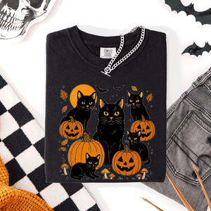 Retro Black Cats And Pumpkins Halloween Spooky Night Scene Edition Comfort Colors Tee — view 10