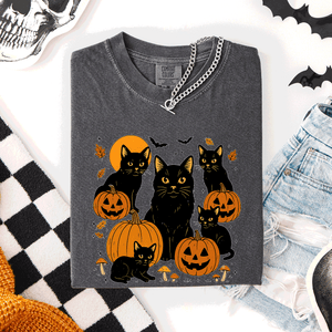 Retro Black Cats And Pumpkins Halloween Spooky Night Scene Edition Comfort Colors Tee — view 4