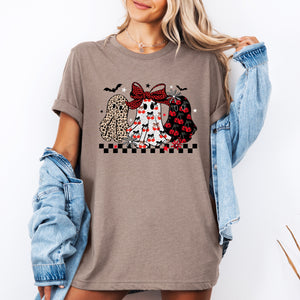 Retro Halloween Ghosts Checkered Pattern Vintage Playful Ghost Motif Graphic Tee — view 1