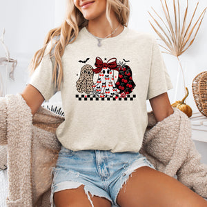 Retro Halloween Ghosts Checkered Pattern Vintage Playful Ghost Motif Graphic Tee — view 2