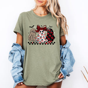Retro Halloween Ghosts Checkered Pattern Vintage Playful Ghost Motif Graphic Tee — view 3