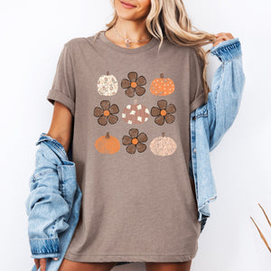 Retro Halloween Flowers Pumpkins Patterned Autumn Leaves Vintage Style Graphic Tee — view 4