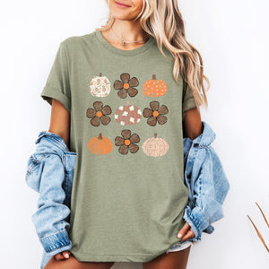 Retro Halloween Flowers Pumpkins Patterned Autumn Leaves Vintage Style Graphic Tee — view 1