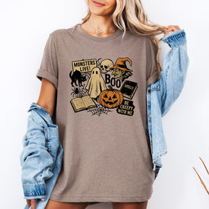 Retro Halloween Monsters Witch Creepy Checkered Pattern Ghosts Bats Bold Graphic Tee — view 2
