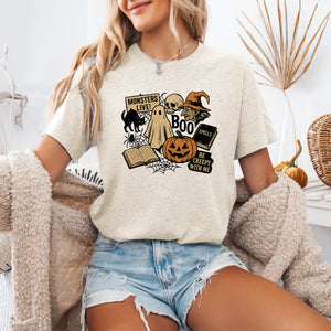 Retro Halloween Monsters Witch Creepy Checkered Pattern Ghosts Bats Bold Graphic Tee — view 3