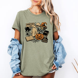 Retro Halloween Monsters Witch Creepy Checkered Pattern Ghosts Bats Bold Graphic Tee — view 1