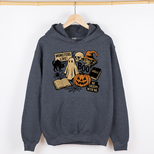 Retro Halloween Monsters Witch Creepy Reading Ghost Vintage Illustration Graphic Hoodie — view 5