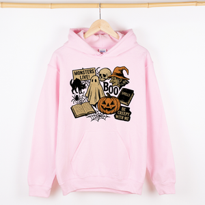 Retro Halloween Monsters Witch Creepy Reading Ghost Vintage Illustration Graphic Hoodie — view 4
