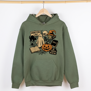Retro Halloween Monsters Witch Creepy Reading Ghost Vintage Illustration Graphic Hoodie — view 1
