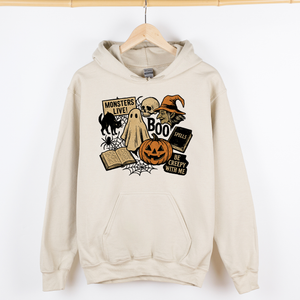 Retro Halloween Monsters Witch Creepy Reading Ghost Vintage Illustration Graphic Hoodie — view 2
