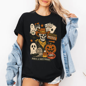 Retro Skeleton Motel Vintage Halloween Motif With Whimsical Spooky Skeleton Illustration Graphic Tee — view 3