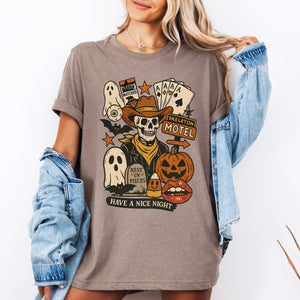 Retro Skeleton Motel Vintage Halloween Motif With Whimsical Spooky Skeleton Illustration Graphic Tee — view 1