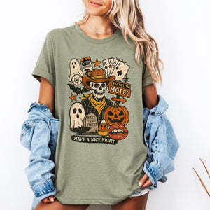 Retro Skeleton Motel Vintage Halloween Motif With Whimsical Spooky Skeleton Illustration Graphic Tee — view 2