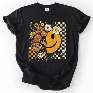 Mama Leopard Pumpkin Pattern Watercolor Bouquet Retro Smiley Halloween Autumn Flowers Comfort Colors Tee — view 3