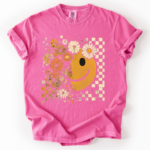 Mama Leopard Pumpkin Pattern Watercolor Bouquet Retro Smiley Halloween Autumn Flowers Comfort Colors Tee — view 4