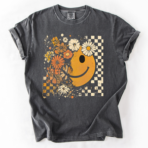 Mama Leopard Pumpkin Pattern Watercolor Bouquet Retro Smiley Halloween Autumn Flowers Comfort Colors Tee — view 1