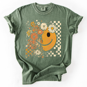 Mama Leopard Pumpkin Pattern Watercolor Bouquet Retro Smiley Halloween Autumn Flowers Comfort Colors Tee — view 2