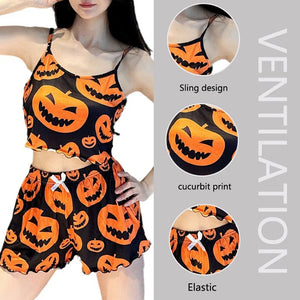Sexy Halloween Pajamas Pumpkin Print Pajama Sets Suspender 2-piece Sleepwear Set Women's Pajamas European and American Home Wear — view 3