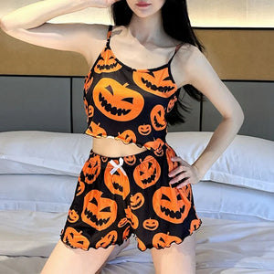 Sexy Halloween Pajamas Pumpkin Print Pajama Sets Suspender 2-piece Sleepwear Set Women's Pajamas European and American Home Wear — view 1