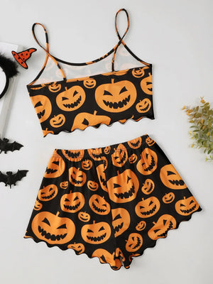 Halloween Devil Pumpkin Print Pajamas Set Women Short Sleeve Tops and Shorts Set Home Clothes Sleepwear Nightwear — view 5