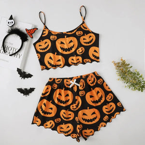 Halloween Devil Pumpkin Print Pajamas Set Women Short Sleeve Tops and Shorts Set Home Clothes Sleepwear Nightwear — view 8
